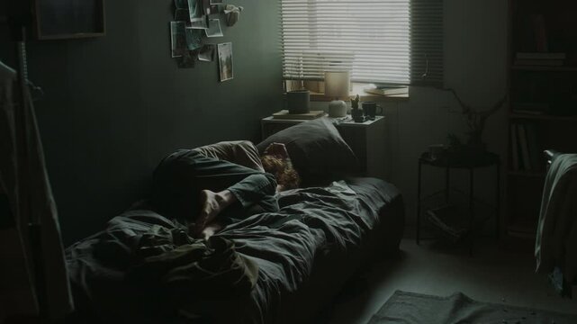Heartbroken young man lying on messy bed curled up weeping, pills spilled on carpet in dark room