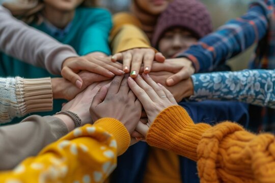 group of diverse hands stacking together in an office setting to symbolize unity and teamwork.