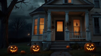 Obraz premium Ancient stone facade with carved pumpkin, a medieval European landmark bathed in moonlight