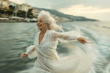 Elderly woman enjoying a dancing by the sea with a futuristic twist using AI-generated effects.