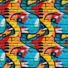Obraz premium Colorful graffiti on a brick wall of a building. Street art. Seamless pattern.