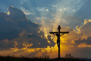 powerful image capturing the symbolic essence of resurrection at Golgotha Hill, with a silhouette of Jesus on the cross against a backdrop of divine light breaking through the clouds.