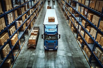 Aerial shot of a warehouse with boxes being efficiently loaded onto a truck for delivery.