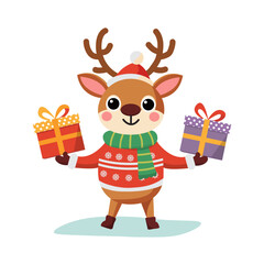 A cute Christmas deer in a scarf isolated on a white background.