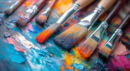 Fototapeta premium Vibrant artist paintbrushes resting on a colorful palette covered in mixed paints
