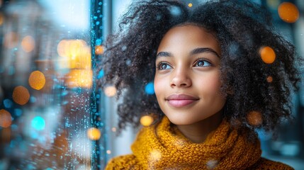 Afro woman looking out the window while it's raining