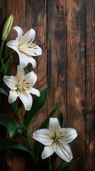 White lillies on wooden background 