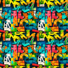 Naklejka premium Colorful graffiti on a brick wall of a building. Street art. Seamless pattern.