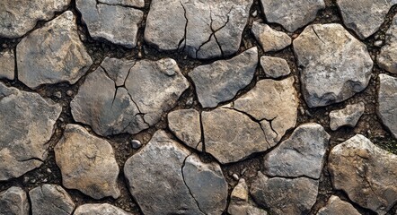 Textured rock surface with various stones in earthy tones observed in natural setting