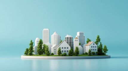 A miniature model of a modern city with diverse buildings and trees, set against a serene blue background representing urban life.