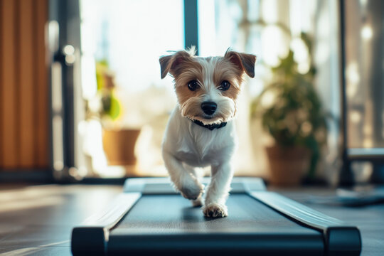 Small dog doing fitness training on a treadmill