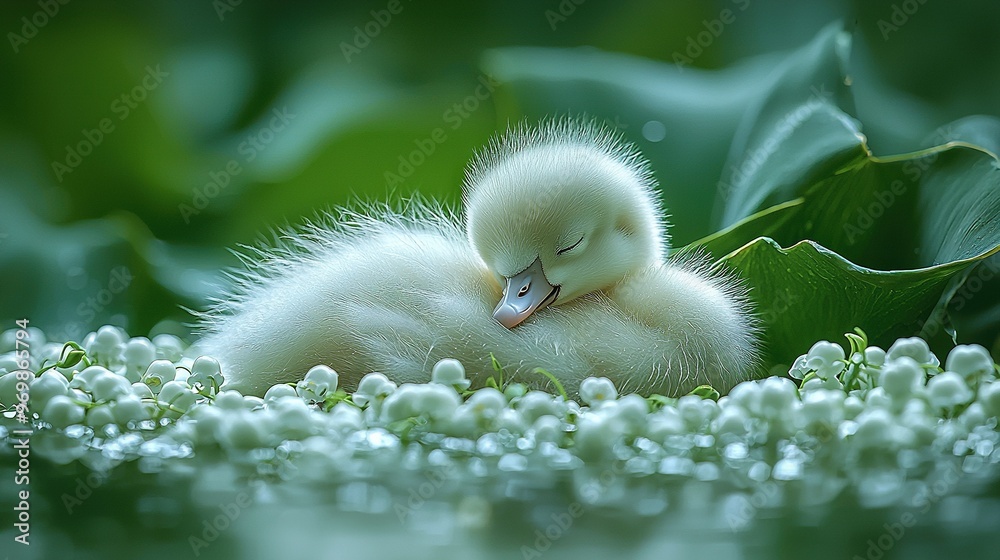 Poster small white duckling perched atop verdant grassy field surrounded by water-dotted earth