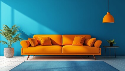 Cozy yellow couch against a vibrant blue wall in a modern living room with natural light