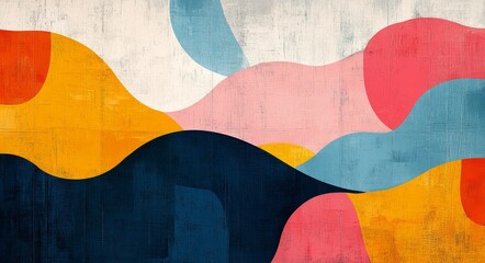 Colorful abstract art showcasing flowing shapes in warm and cool tones on a textured background