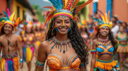 A parade with participants in traditional costumes, vibrant floats, and cheering crowds