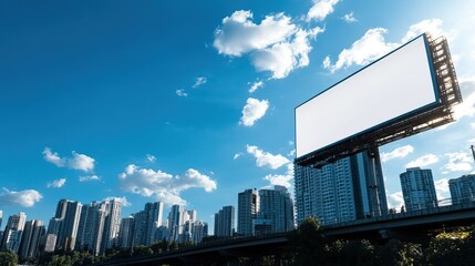 Empty billboard in urban setting against a clear blue sky, showcasing a modern cityscape with skyscrapers and fluffy clouds.