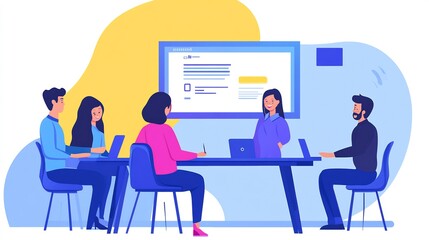 Four people are sitting around a table with a woman standing in front of a whiteboard. The woman is leading a meeting, giving a presentation, or conducting a workshop.