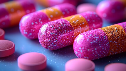 A Vibrant Collection of Colorful Pills and Capsules Representing the Diverse World of Modern Medicine and Pharmaceutical Innovation 現代の医学と製薬の革新の多様な世界を表現する鮮やかな色のカプセルと錠剤のコレクション.Generative AI