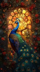 Fototapeta premium A peacock is standing in front of a stained glass window with red roses