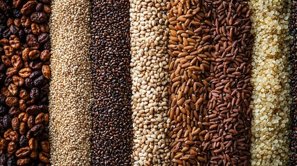   Close-up of various colored and sized grains on white surface with black background