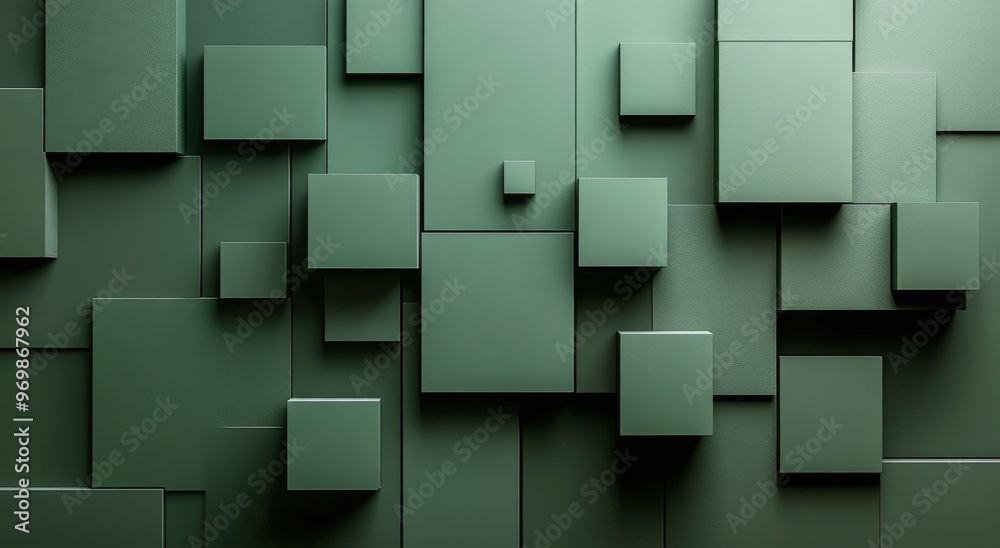 Wall mural Textured green background with layered geometric squares in various sizes and shades