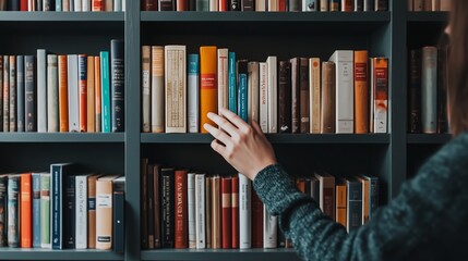 A person browsing a colorful bookshelf filled with various books in a cozy home setting on a quiet afternoon