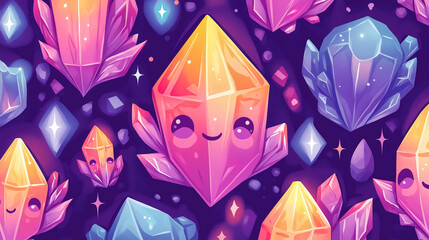 Charming enchanted crystals featuring adorable kawaii character designs, sparkling with vibrant colors in a whimsical cartoon vector illustration, ideal for magical-themed products and playful art.