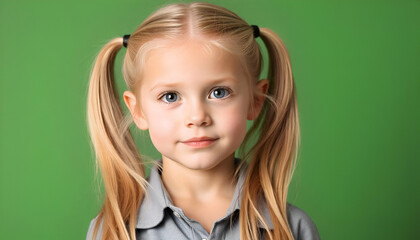 A 5 year old Caucasian girl with blonde pigtails and blue eyes, wearing a gray collared shirt, against a green background