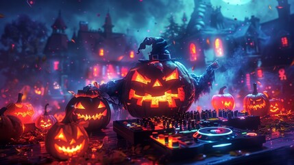 Obraz premium A spooky Halloween scene with a DJ pumpkin surrounded by glowing jack-o-lanterns, creating a festive and eerie atmosphere.