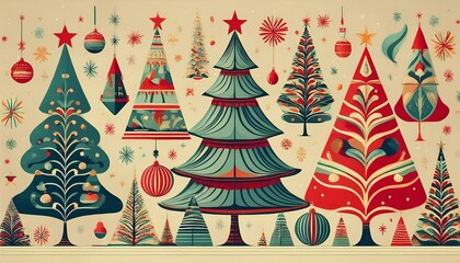 Vintage Christmas- illustration inspired by mid-century Christmas aesthetics- retro ornaments, 1950s-style Christmas trees, and nostalgic holiday scenes 