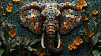 Fototapeta premium A mosaic elephant head with a green background