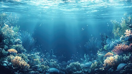 Fototapeta premium An image captures sunlight filtering through the surface of a coral reef underwater