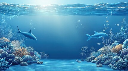 Fototapeta premium Two dolphins swim in the ocean with vibrant corals and sponges adorning the sea floor below