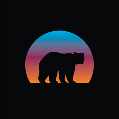 Obraz premium Silhouette of a bear against a striped retro sunset. Original vector illustration in vintage style isolated on light background. T-shirt design.