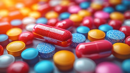 A Colorful Assortment of Medical Pills and Capsules Showcasing the Diversity and Complexity of Today’s Pharmaceutical Industry 今日の製薬業界の多様性と複雑さを示す鮮やかな色合いの医薬品カプセルと錠剤のアソート.Generative AI
