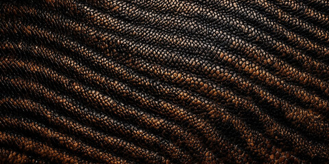 Nahaufnahme einer komplexen, glänzenden Schlangenhaut mit dicht aneinanderliegenden Schuppen in glänzenden Brauntönen und wellenförmigem Muster, das die natürliche Ästhetik betont