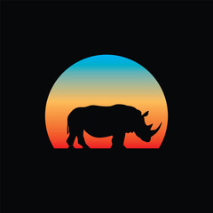 Silhouette of a rhinoceros against a striped retro sunset. Original vector illustration in vintage style isolated on light background. T-shirt design.