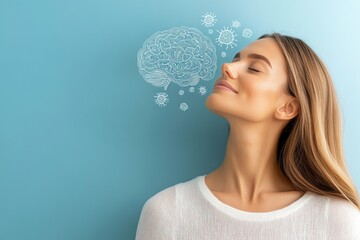 Cerebellum neurophotonics optogenetics artificial intelligence and action potential side portrait of a woman blowing neural brain bubbles symbolizing ideas and cognitive thought