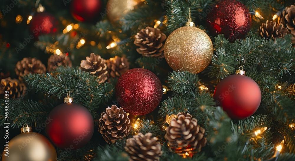 Sticker Close-up of a decorated Christmas tree featuring ornaments, pine cones, and warm fairy lights