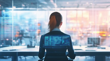 Businesswoman analyzing data on a transparent digital interface in a modern office