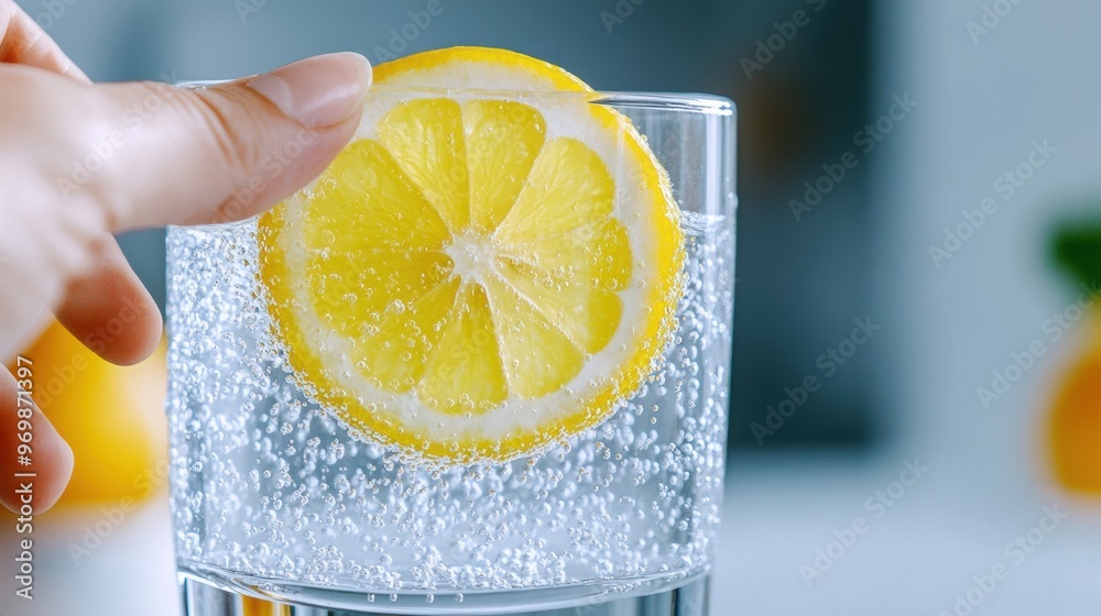 Poster a person holding a lemon slice in the water of a glass, ai