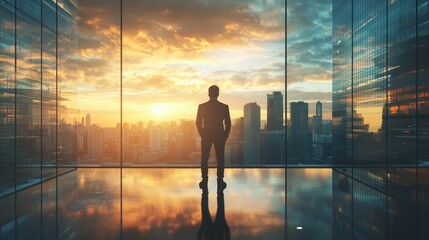 Businessman overlooking a cityscape at sunrise, corporate vision and success concept