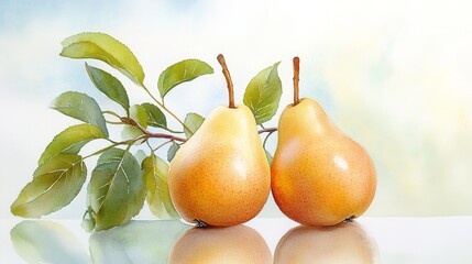 A beautiful watercolor painting of two ripe pears with green leaves, representing nature, abundance, freshness, and the beauty of simple things.
