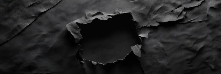 Naklejka premium A black fabric texture with a large, irregular hole torn through it, revealing a dark background. The fabric is crumpled and wrinkled, creating a dramatic and abstract look. This image evokes a sense 