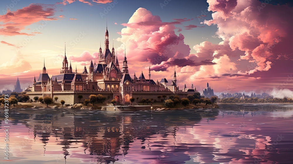 Poster magic fantasy castle in pink sunset lights