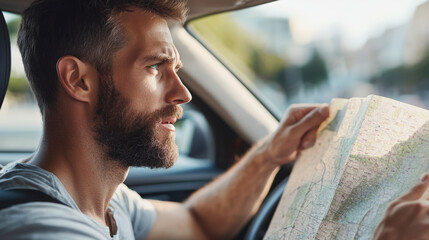 Man looking at a map while sitting in a car, possibly navigating or planning a route.