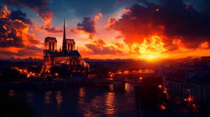 Naklejka premium A breathtaking night photograph of the iconic Notre Dame Cathedral in Paris, France. The setting sun casts a warm glow on the cityscape, highlighting the cathedral's intricate architecture and the Sei