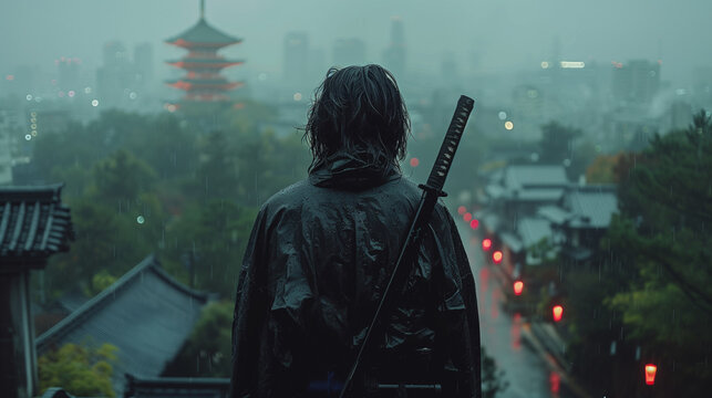 back of ninja with katana sword, black shinobi samurai with no master