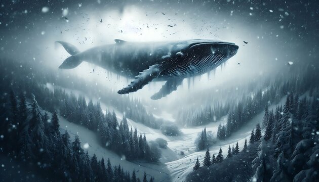 Whale flying through snowy forest in surreal winter storm, fantasy landscape of marine life in frozen wilderness, atmospheric dreamscape
