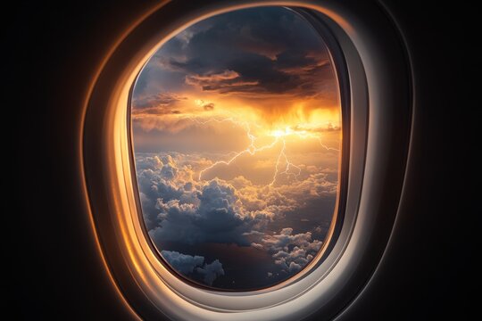 A breathtaking view from an airplane window, showcasing a dramatic lightning storm over a sea of clouds, with the setting sun casting a warm glow on the sky. The image captures a moment of natural bea